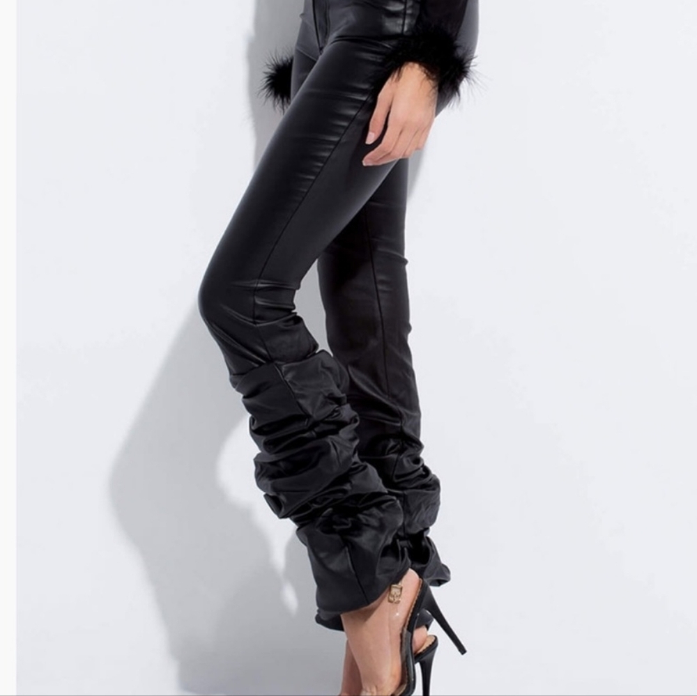 Vibrant Black scrunch stack faux leather  Pants